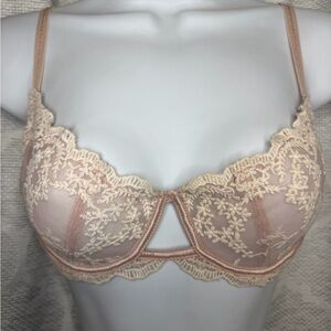 Free People Intimately Lace Underwire Bra 32C Pink Cream Sheer Floral